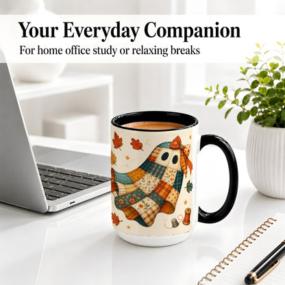 #pl[15oz|Black] Patchwork Ghost Ceramic Mug, Autumn Quilt Sewing Artwork