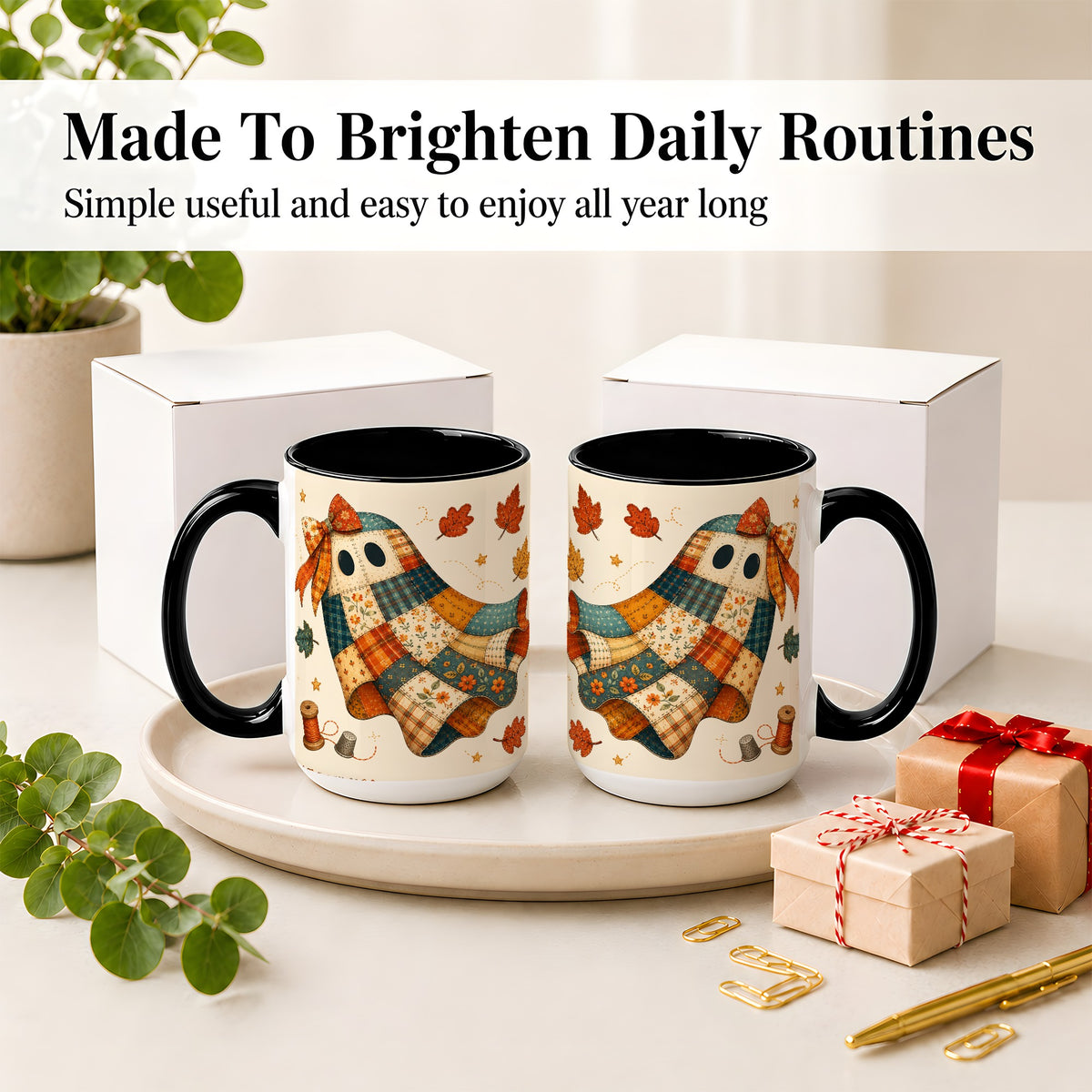 #pl[15oz|Black] Patchwork Ghost Ceramic Mug, Autumn Quilt Sewing Artwork