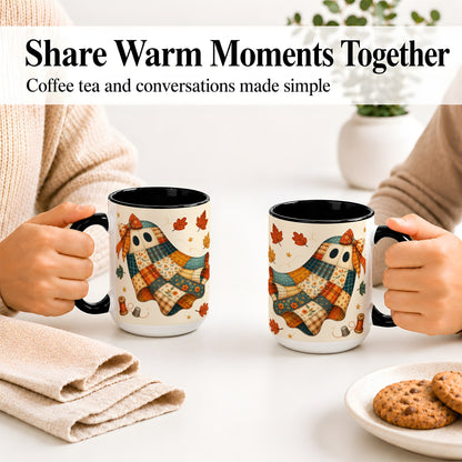 #pl[15oz|Black] Patchwork Ghost Ceramic Mug, Autumn Quilt Sewing Artwork