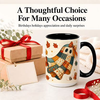 #pl[15oz|Black] Patchwork Ghost Ceramic Mug, Autumn Quilt Sewing Artwork