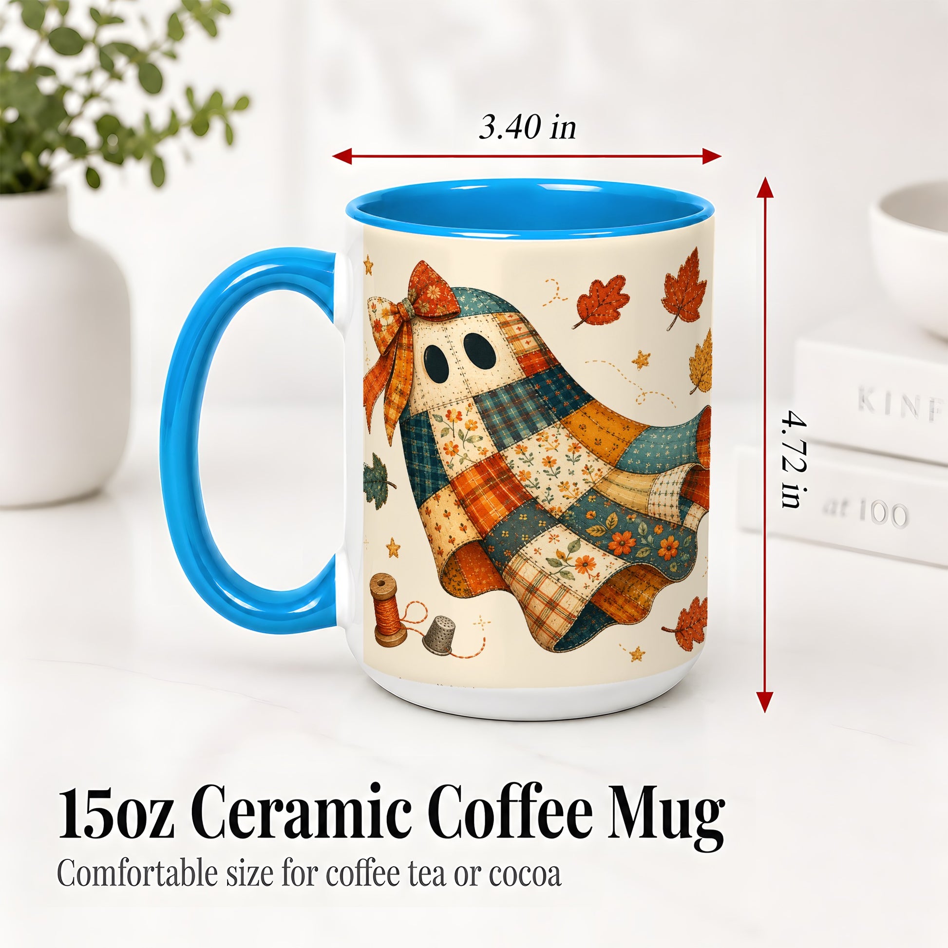 #pl[15oz|Blue] Patchwork Ghost Ceramic Mug, Autumn Quilt Sewing Artwork