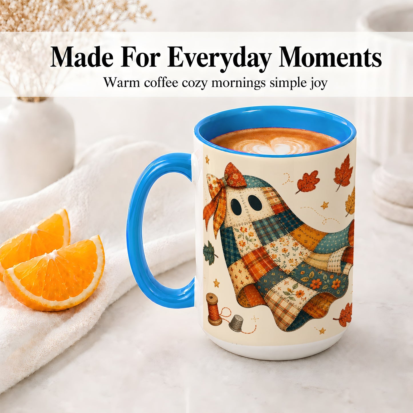 #pl[15oz|Blue] Patchwork Ghost Ceramic Mug, Autumn Quilt Sewing Artwork