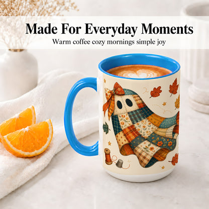 #pl[15oz|Blue] Patchwork Ghost Ceramic Mug, Autumn Quilt Sewing Artwork