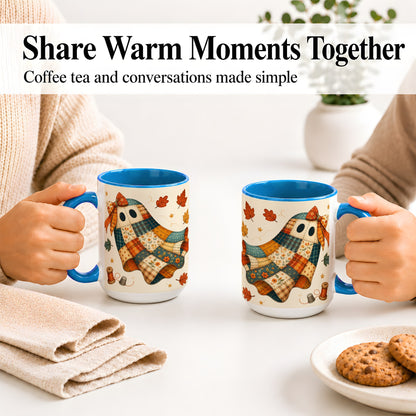 #pl[15oz|Blue] Patchwork Ghost Ceramic Mug, Autumn Quilt Sewing Artwork