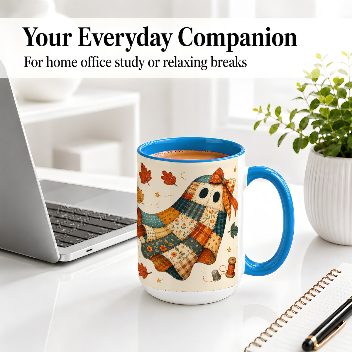 #pl[15oz|Blue] Patchwork Ghost Ceramic Mug, Autumn Quilt Sewing Artwork