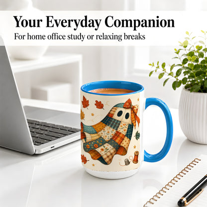 #pl[15oz|Blue] Patchwork Ghost Ceramic Mug, Autumn Quilt Sewing Artwork