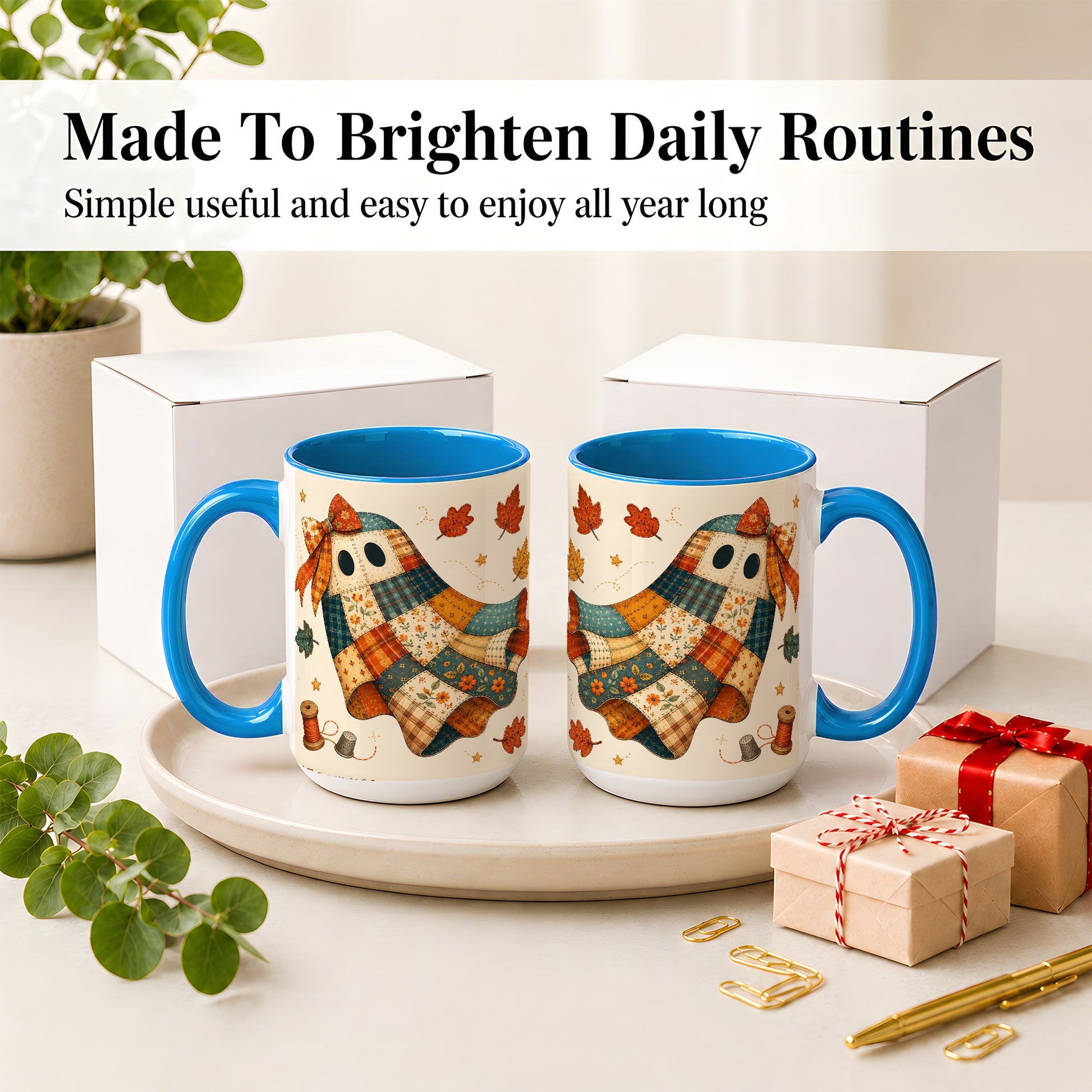 #pl[15oz|Blue] Patchwork Ghost Ceramic Mug, Autumn Quilt Sewing Artwork