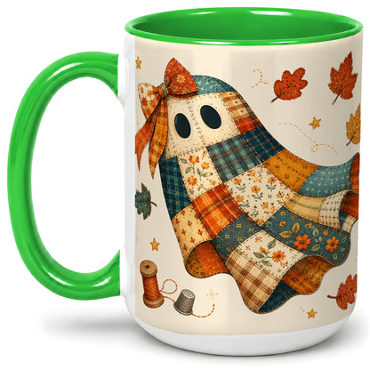 #pl[15oz|Green] Patchwork Ghost Ceramic Mug, Autumn Quilt Sewing Artwork