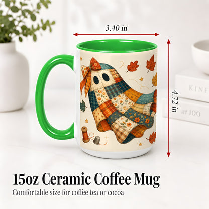 #pl[15oz|Green] Patchwork Ghost Ceramic Mug, Autumn Quilt Sewing Artwork