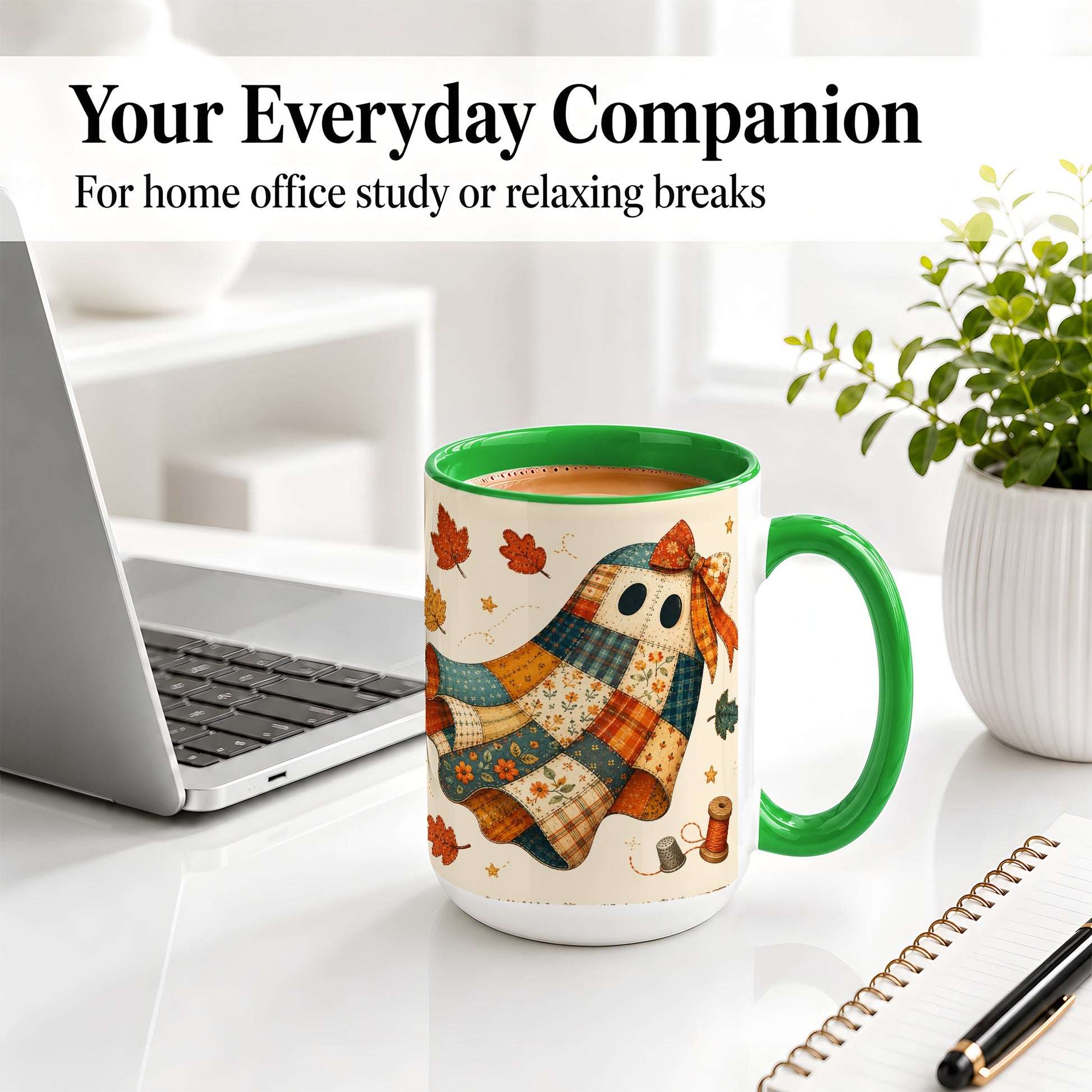 #pl[15oz|Green] Patchwork Ghost Ceramic Mug, Autumn Quilt Sewing Artwork