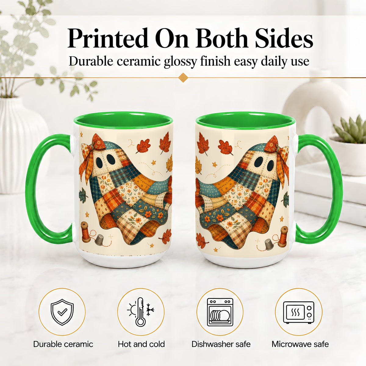 #pl[15oz|Green] Patchwork Ghost Ceramic Mug, Autumn Quilt Sewing Artwork