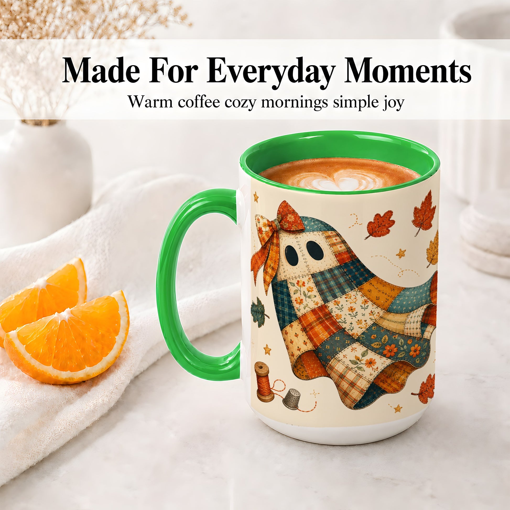 #pl[15oz|Green] Patchwork Ghost Ceramic Mug, Autumn Quilt Sewing Artwork