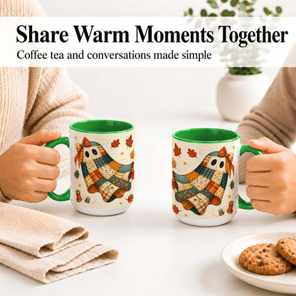 #pl[15oz|Green] Patchwork Ghost Ceramic Mug, Autumn Quilt Sewing Artwork
