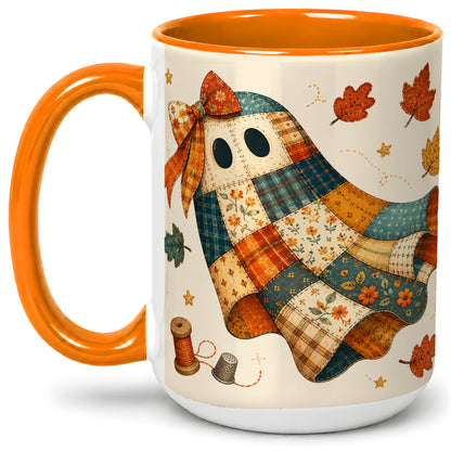 #pl[15oz|Orange] Patchwork Ghost Ceramic Mug, Autumn Quilt Sewing Artwork