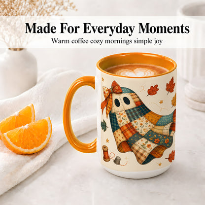 #pl[15oz|Orange] Patchwork Ghost Ceramic Mug, Autumn Quilt Sewing Artwork