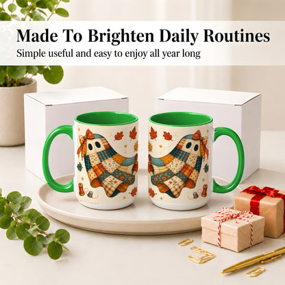 #pl[15oz|Green] Patchwork Ghost Ceramic Mug, Autumn Quilt Sewing Artwork