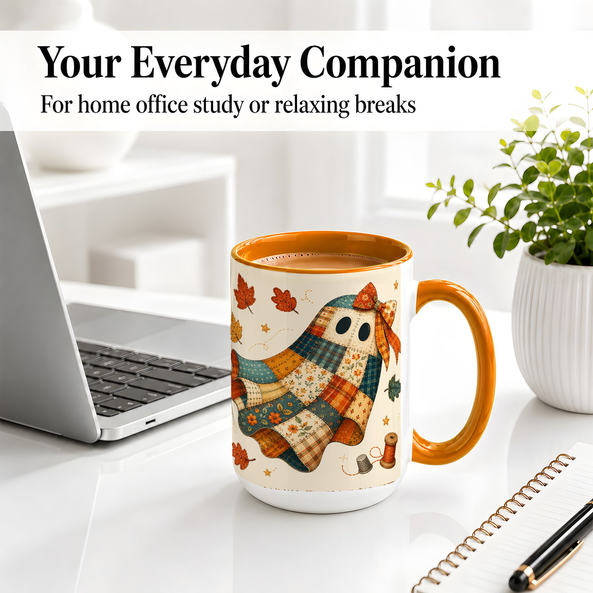 #pl[15oz|Orange] Patchwork Ghost Ceramic Mug, Autumn Quilt Sewing Artwork