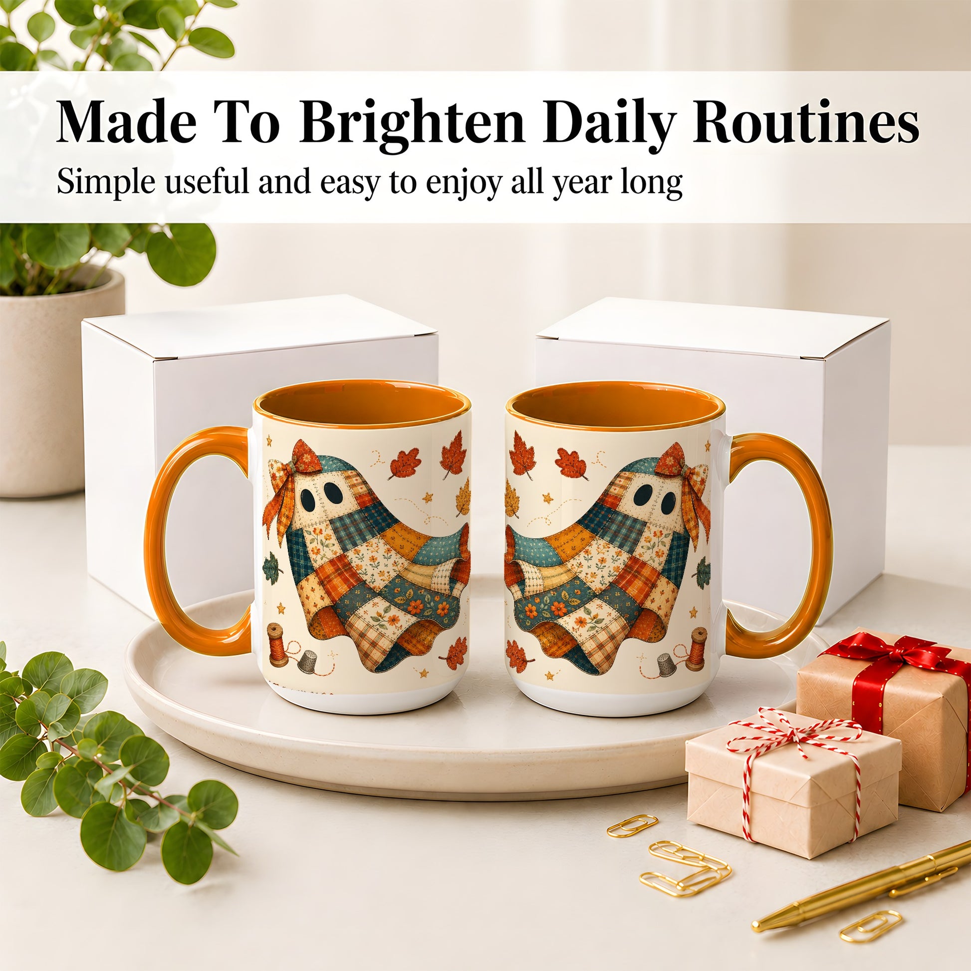 #pl[15oz|Orange] Patchwork Ghost Ceramic Mug, Autumn Quilt Sewing Artwork