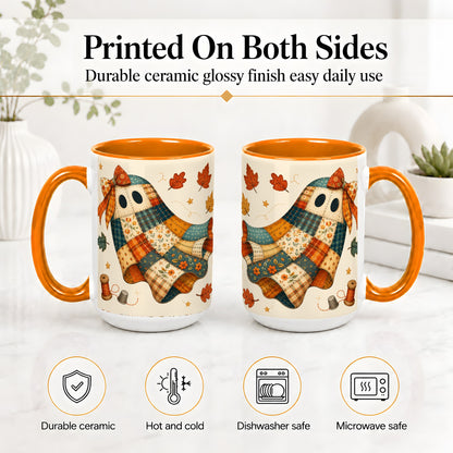 #pl[15oz|Orange] Patchwork Ghost Ceramic Mug, Autumn Quilt Sewing Artwork
