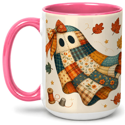 #pl[15oz|Pink] Patchwork Ghost Ceramic Mug, Autumn Quilt Sewing Artwork