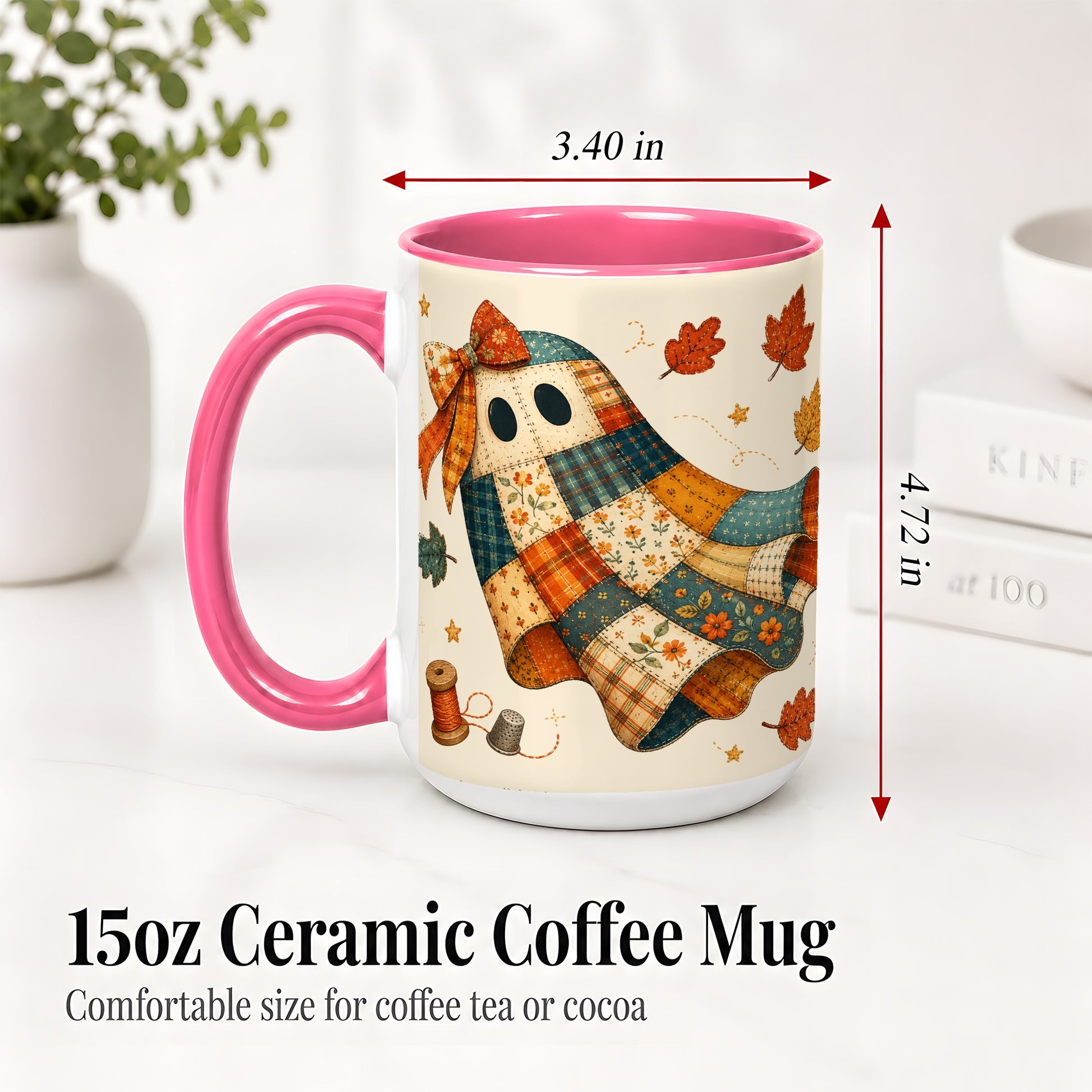 #pl[15oz|Pink] Patchwork Ghost Ceramic Mug, Autumn Quilt Sewing Artwork