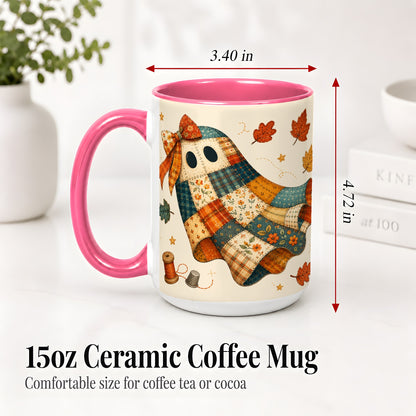#pl[15oz|Pink] Patchwork Ghost Ceramic Mug, Autumn Quilt Sewing Artwork