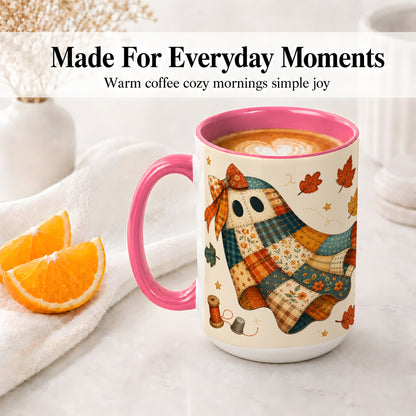 #pl[15oz|Pink] Patchwork Ghost Ceramic Mug, Autumn Quilt Sewing Artwork