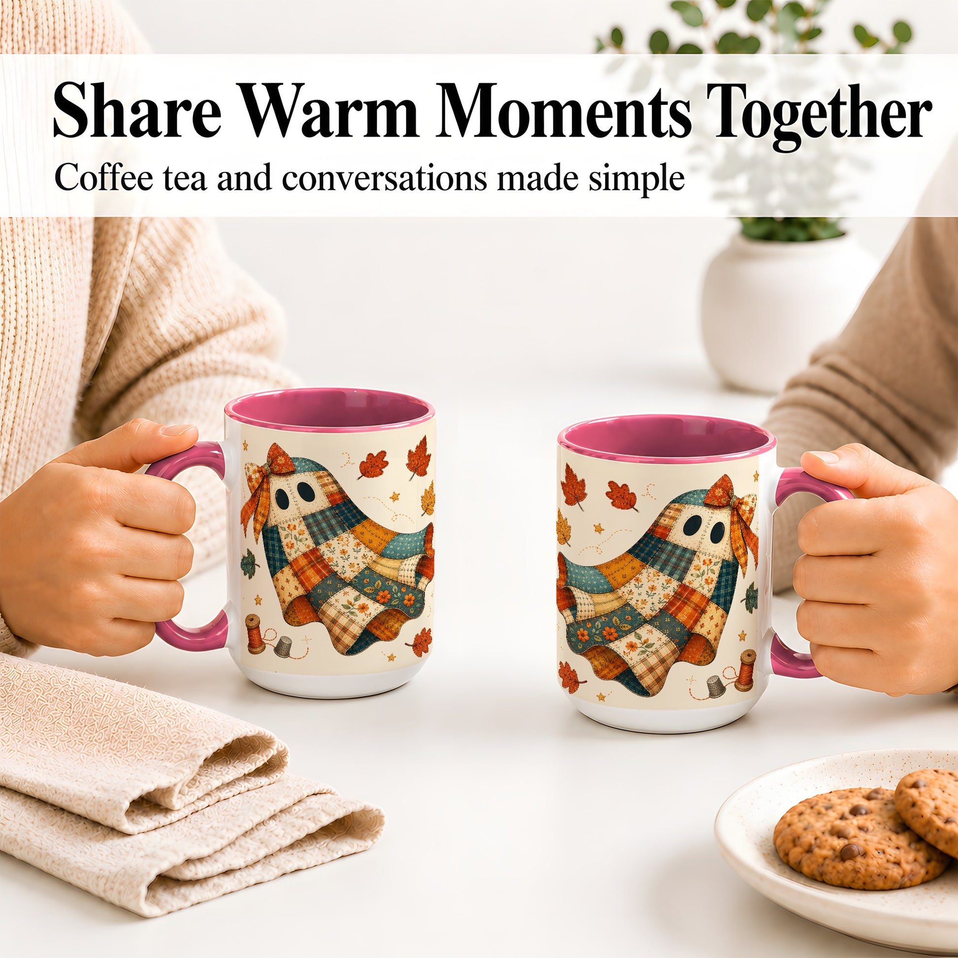 #pl[15oz|Pink] Patchwork Ghost Ceramic Mug, Autumn Quilt Sewing Artwork
