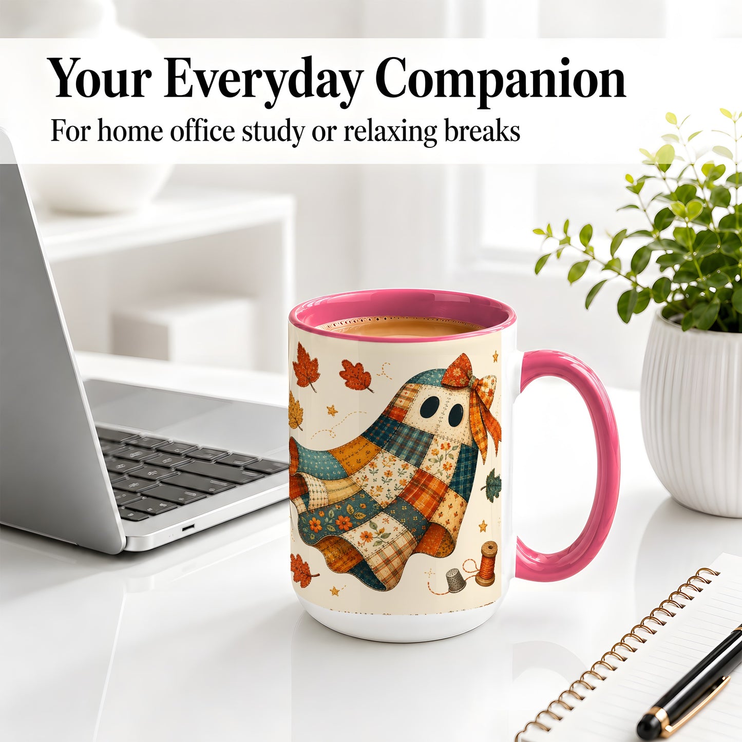 #pl[15oz|Pink] Patchwork Ghost Ceramic Mug, Autumn Quilt Sewing Artwork