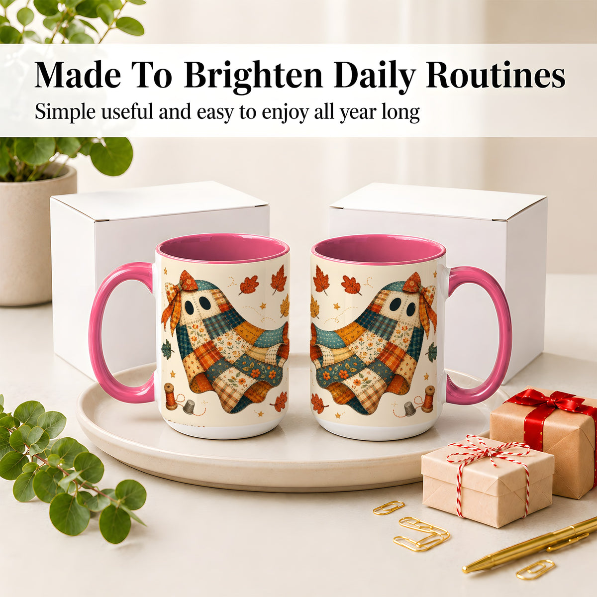 #pl[15oz|Pink] Patchwork Ghost Ceramic Mug, Autumn Quilt Sewing Artwork