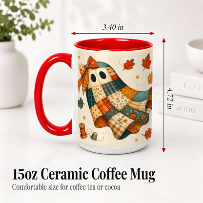 #pl[15oz|Red] Patchwork Ghost Ceramic Mug, Autumn Quilt Sewing Artwork