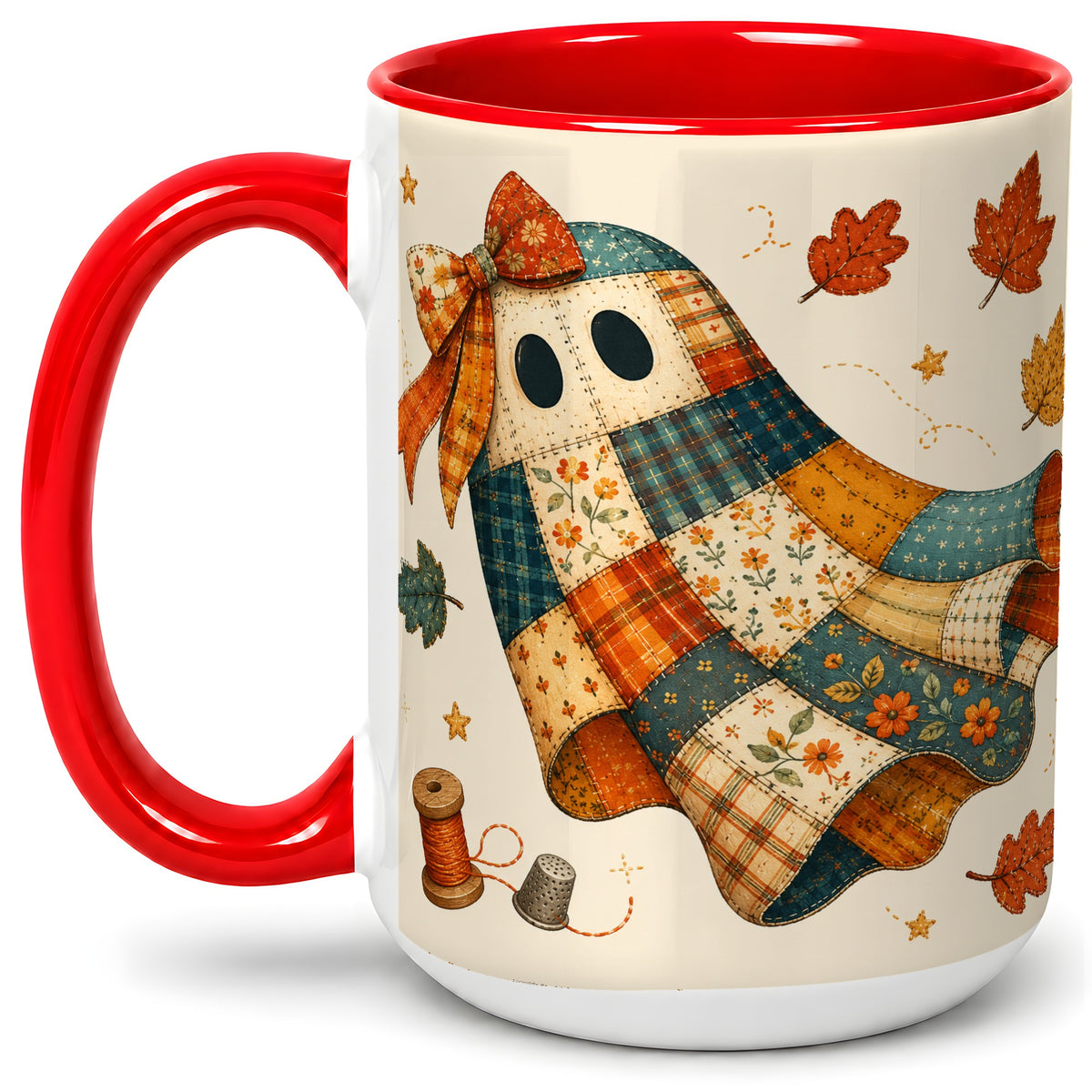 #pl[15oz|Red] Patchwork Ghost Ceramic Mug, Autumn Quilt Sewing Artwork