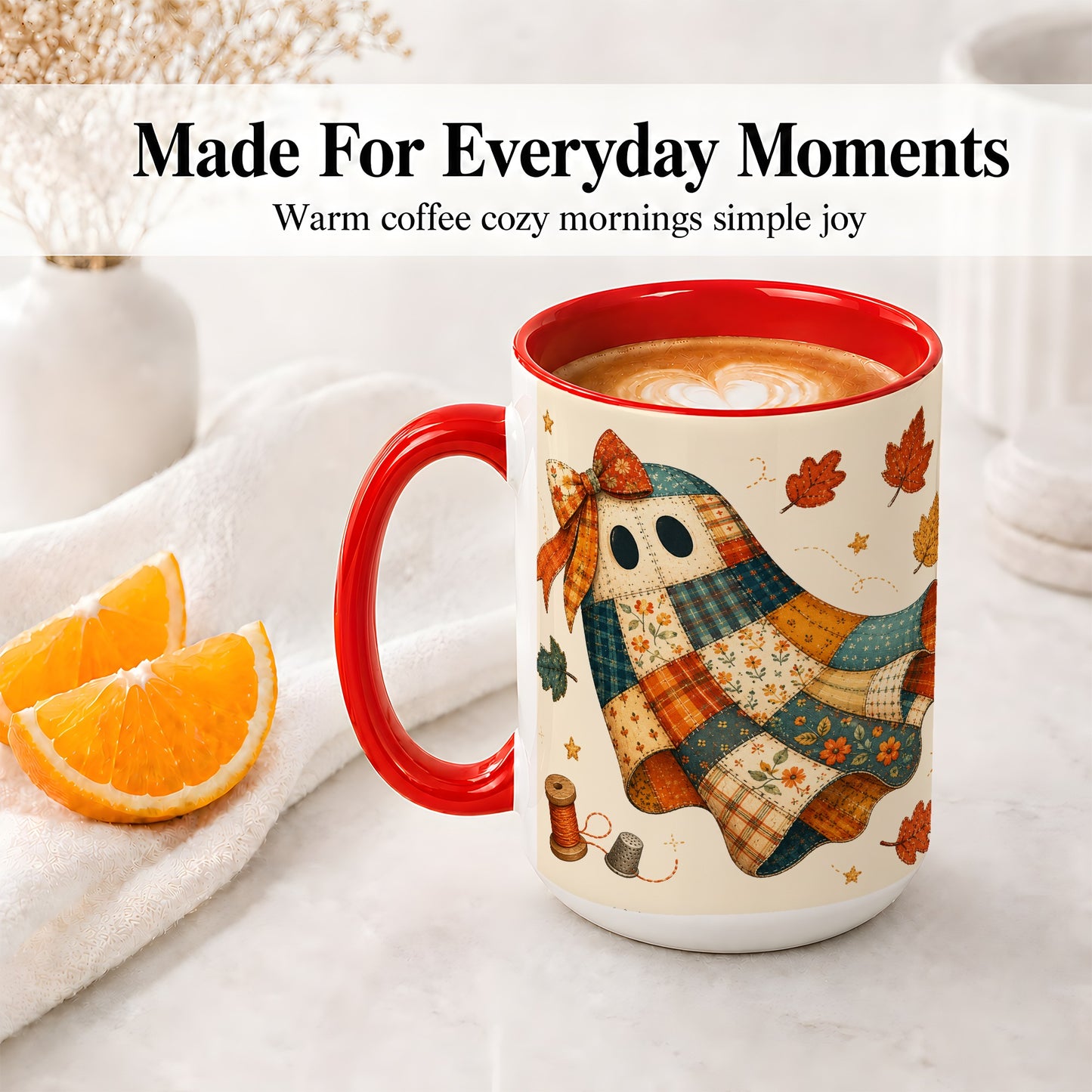 #pl[15oz|Red] Patchwork Ghost Ceramic Mug, Autumn Quilt Sewing Artwork