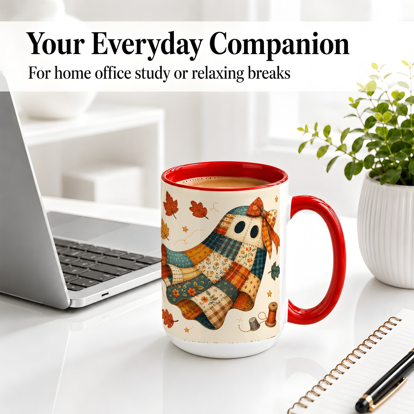 #pl[15oz|Red] Patchwork Ghost Ceramic Mug, Autumn Quilt Sewing Artwork