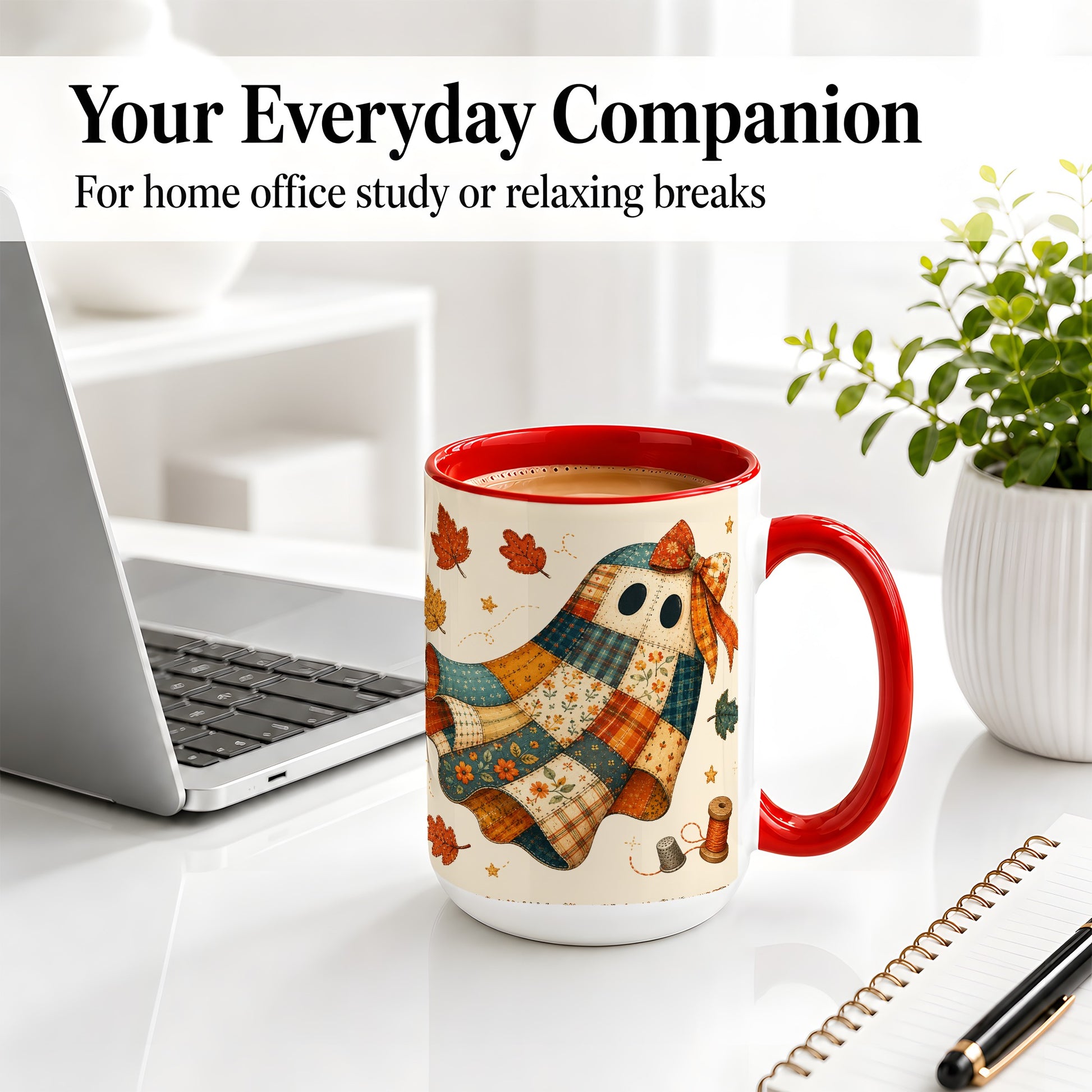 #pl[15oz|Red] Patchwork Ghost Ceramic Mug, Autumn Quilt Sewing Artwork