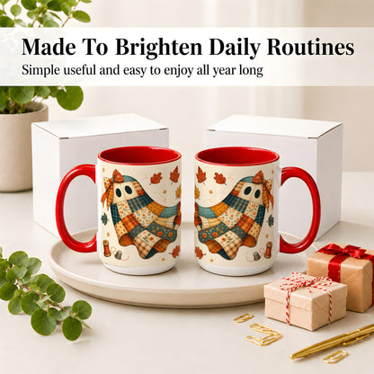 #pl[15oz|Red] Patchwork Ghost Ceramic Mug, Autumn Quilt Sewing Artwork