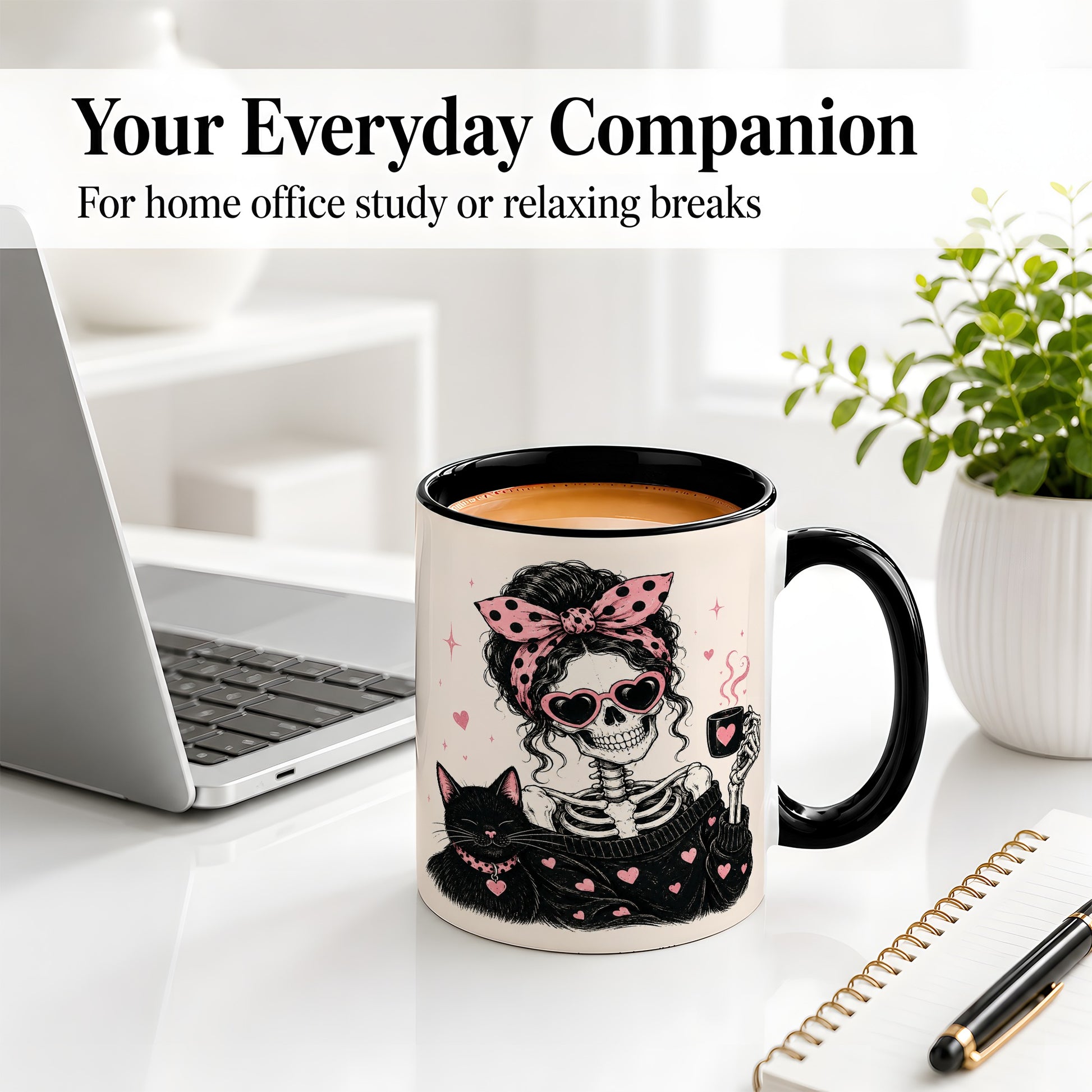 #pl[11oz|Black] Pink Skeleton Cat Ceramic Mug, Heart Glasses Coffee Artwork