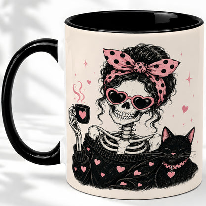 #pl[11oz|Black] Pink Skeleton Cat Ceramic Mug, Heart Glasses Coffee Artwork