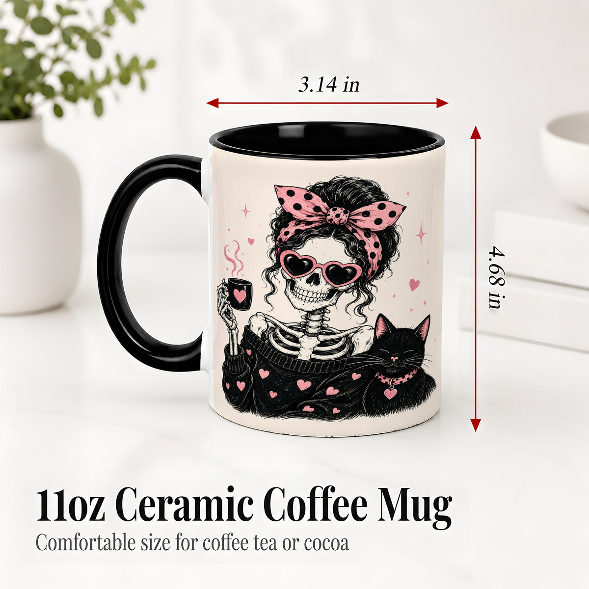 #pl[11oz|Black] Pink Skeleton Cat Ceramic Mug, Heart Glasses Coffee Artwork