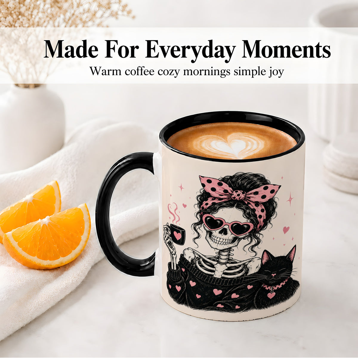 #pl[11oz|Black] Pink Skeleton Cat Ceramic Mug, Heart Glasses Coffee Artwork