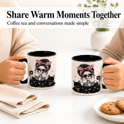 #pl[11oz|Black] Pink Skeleton Cat Ceramic Mug, Heart Glasses Coffee Artwork