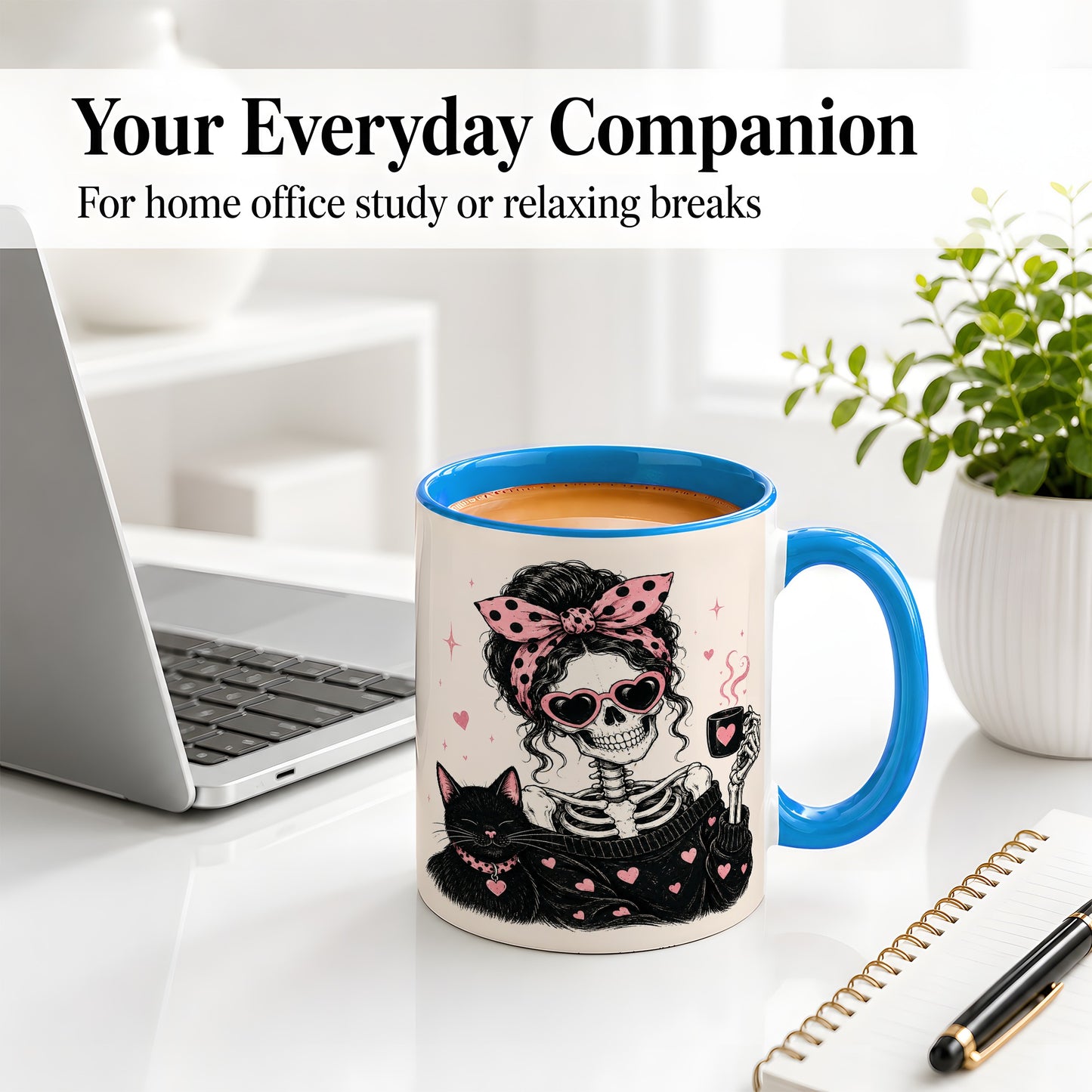 #pl[11oz|Blue] Pink Skeleton Cat Ceramic Mug, Heart Glasses Coffee Artwork