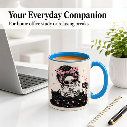 #pl[11oz|Blue] Pink Skeleton Cat Ceramic Mug, Heart Glasses Coffee Artwork