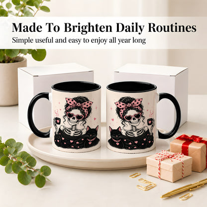 #pl[11oz|Black] Pink Skeleton Cat Ceramic Mug, Heart Glasses Coffee Artwork