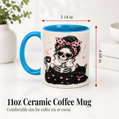 #pl[11oz|Blue] Pink Skeleton Cat Ceramic Mug, Heart Glasses Coffee Artwork
