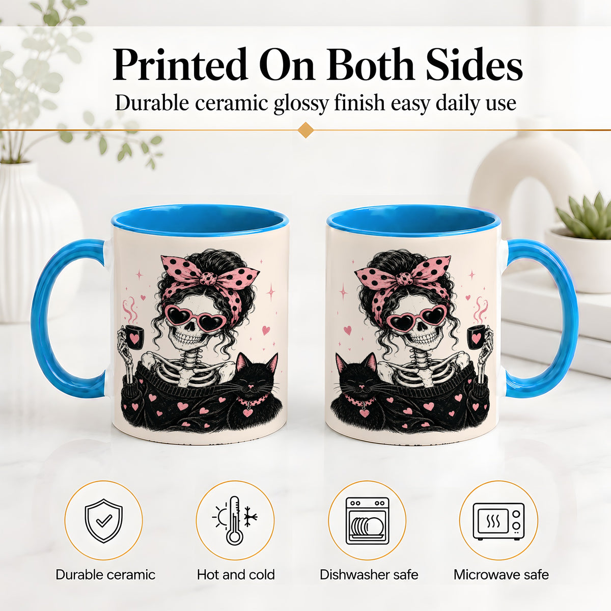 #pl[11oz|Blue] Pink Skeleton Cat Ceramic Mug, Heart Glasses Coffee Artwork