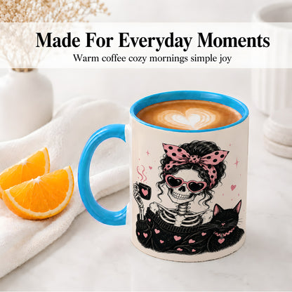 #pl[11oz|Blue] Pink Skeleton Cat Ceramic Mug, Heart Glasses Coffee Artwork