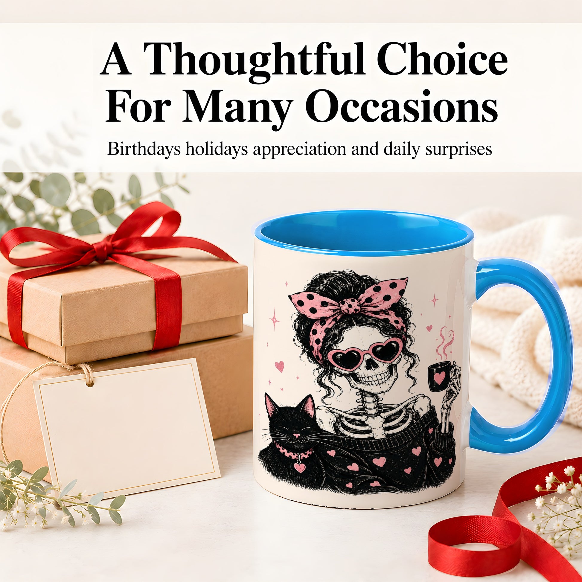 #pl[11oz|Blue] Pink Skeleton Cat Ceramic Mug, Heart Glasses Coffee Artwork