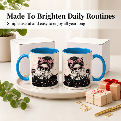 #pl[11oz|Blue] Pink Skeleton Cat Ceramic Mug, Heart Glasses Coffee Artwork