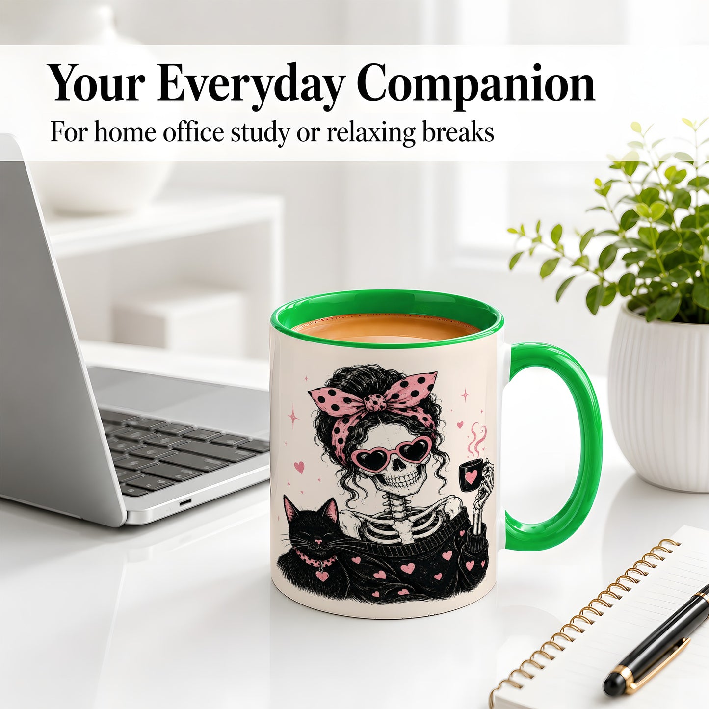 #pl[11oz|Green] Pink Skeleton Cat Ceramic Mug, Heart Glasses Coffee Artwork